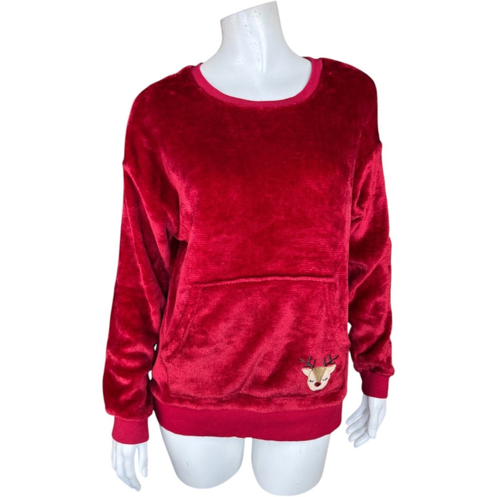 Joyspun Red Plush Reindeer Sweatshirt Womens M Fleece Pullover‎ Christmas Top